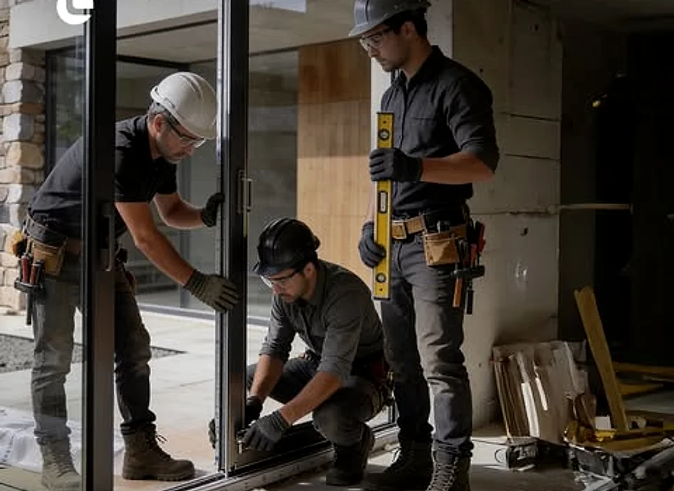 Equipe da Líder instalando porta de correr de vidro